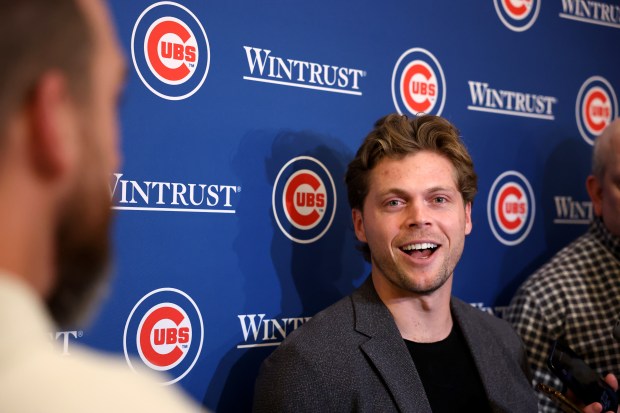 Chicago Cubs second baseman Nico Hoerner (2) has a laugh while being interviewed during day 1 of the Cubs Convention at the Sheraton Grand Chicago on Friday, Jan. 16, 2026. (Chris Sweda/Chicago Tribune)
