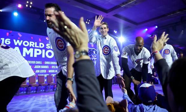 Former Chicago Cubs pitcher Kyle Hendricks waves to fans as the 2016 World Series championship team is introduced during day 1 of the Cubs Convention at the Sheraton Grand Chicago on Friday, Jan. 16, 2026. (Chris Sweda/Chicago Tribune)