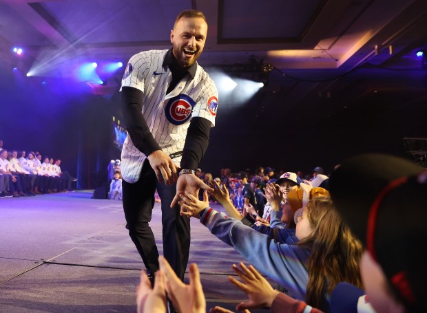 First baseman Michael Busch is introduced during the opening ceremony of the Cubs Convention on Friday, Jan. 16, 2026, at the Sheraton Grand Chicago. (Chris Sweda/Chicago Tribune)