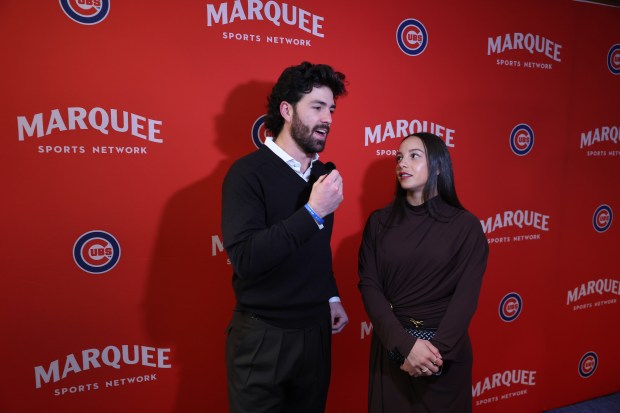 Chicago Cubs shortstop Dansby Swanson and wife and professional soccer player Mallory Swanson give interviews on the blue carpet during day 1 of the Cubs Convention at the Sheraton Grand Chicago on Friday, Jan. 16, 2026. (Chris Sweda/Chicago Tribune)