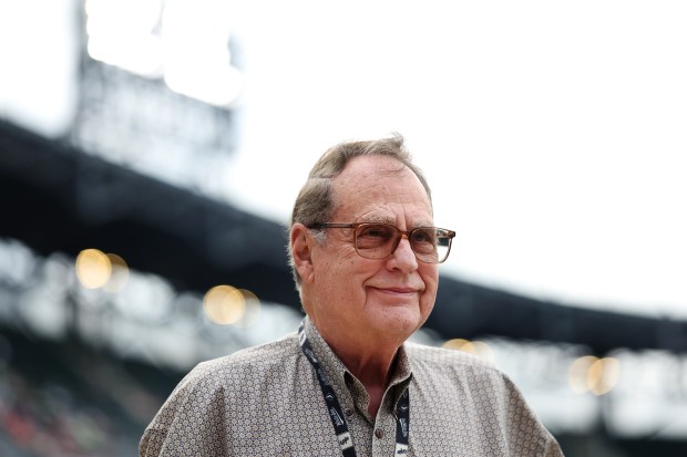 White Sox Chairman Jerry Reinsdorf attends a ceremony to unveil a bronze statue of former pitcher Mark Buehrle along the right-field concourse at Rate Field on July 11, 2025. (Chris Sweda/Chicago Tribune)