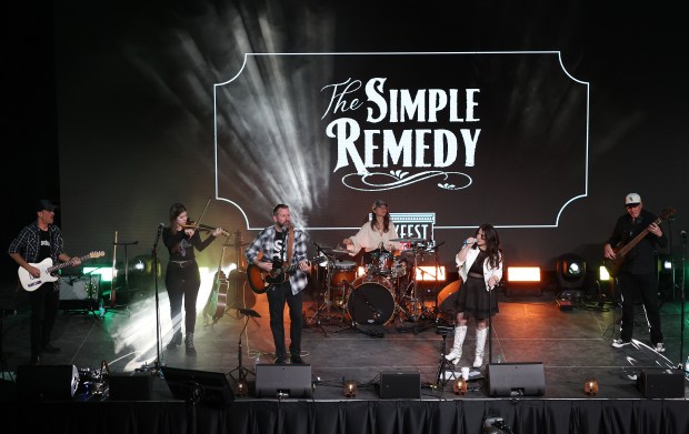 The Simple Remedy entertains the crowd during SoxFest at the Ramova Theatre in Chicago's Bridgeport neighborhood on Friday, Jan. 30, 2026. (Chris Sweda/Chicago Tribune)