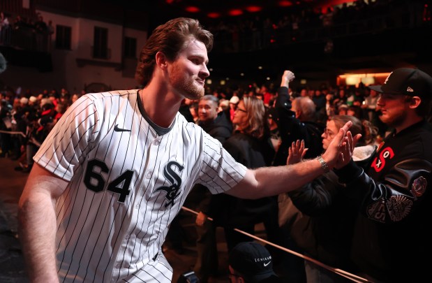 Chicago White Sox pitcher Shane Smith is introduced during SoxFest at the Ramova Theatre in Chicago's Bridgeport neighborhood on Friday, Jan. 30, 2026. (Chris Sweda/Chicago Tribune)
