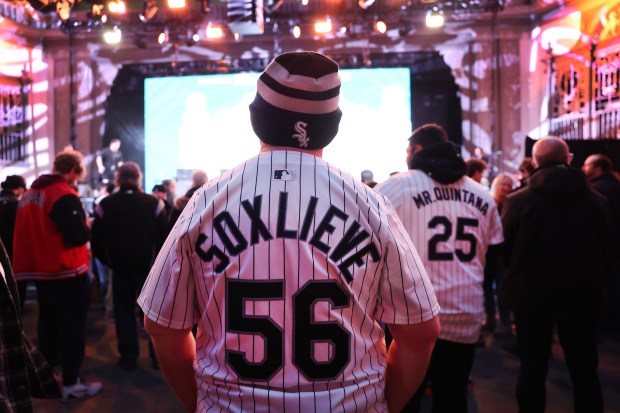 A Chicago White Sox fan waits for player introductions at SoxFest at the Ramova Theatre in Chicago's Bridgeport neighborhood on Friday, Jan. 30, 2026. (Chris Sweda/Chicago Tribune)