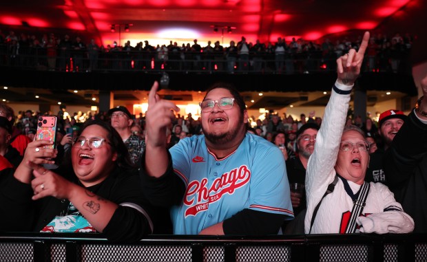 Chicago White Sox fans have some fun in the crowd during SoxFest at the Ramova Theatre in Chicago's Bridgeport neighborhood on Friday, Jan. 30, 2026. (Chris Sweda/Chicago Tribune)