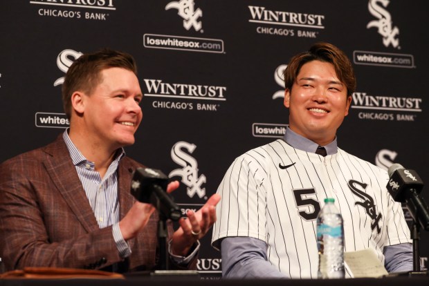 White Sox executive vice president and general manager Chris Getz claps after Munetaka Murakami gives a speech during a press conference at Rate Field on Monday, Dec. 22, 2025, announcing the acquisition of Murakami. (Eileen T. Meslar/Chicago Tribune)