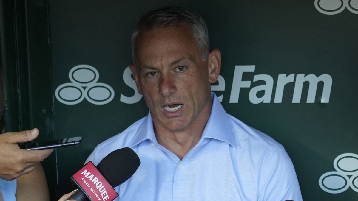 Chicago Cubs President Jed Hoyer answers questions before the game against the Cleveland Guardians at Wrigley Field.