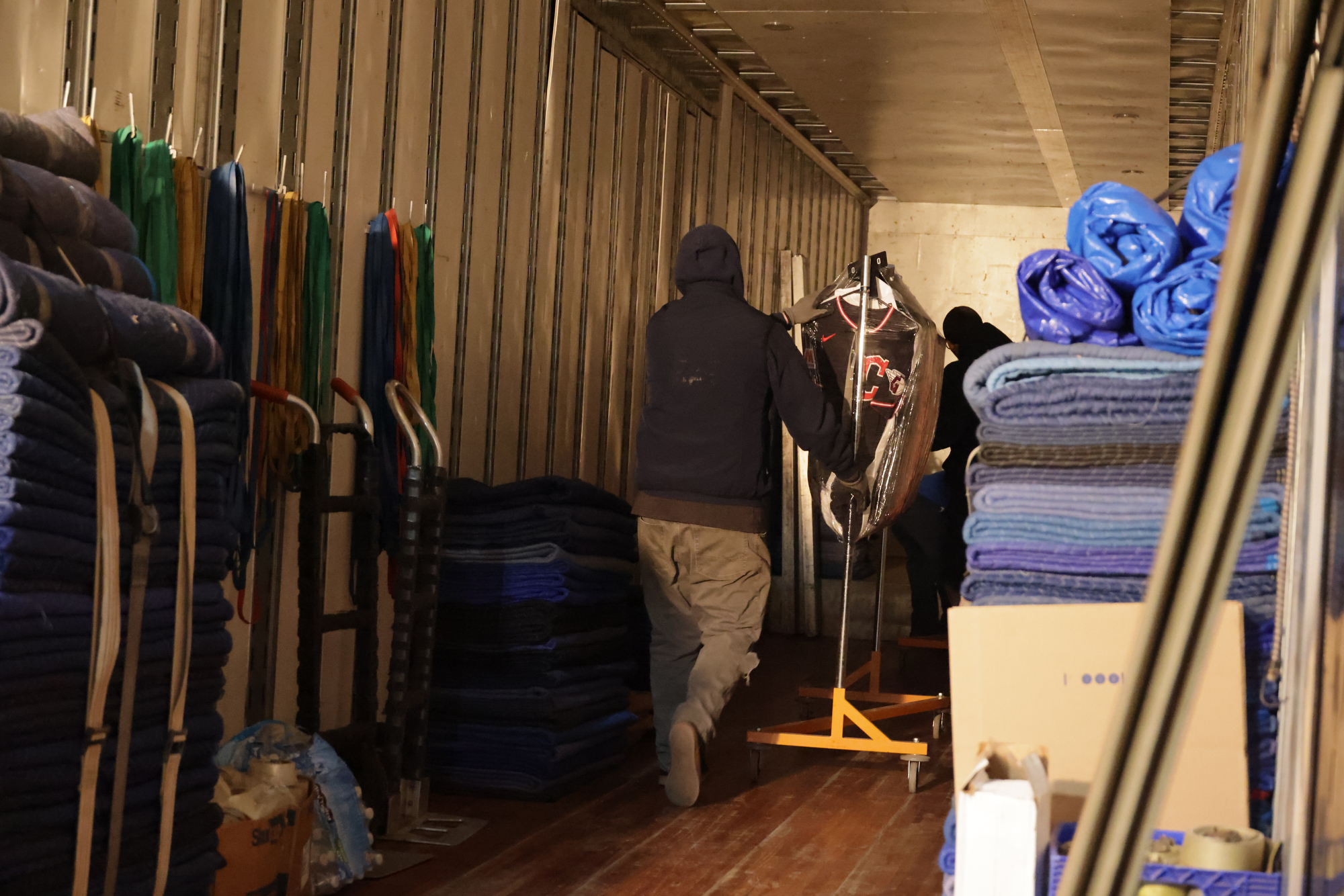 About a dozen Guardians employees and Andrews Moving & Storage workers loaded two trucks with a total of about 40,000 pounds of supplies on Thursday, January 29, 2026, at Progressive Field to be shipped to Goodyear, Arizona for spring training. The trucks are expected to be there next week.