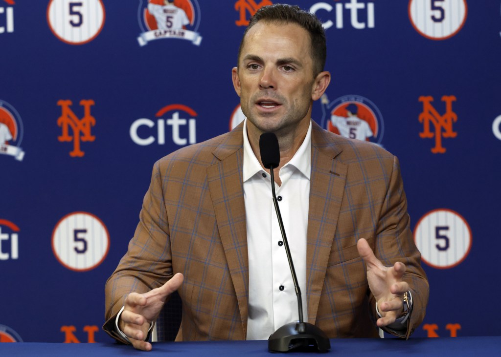 Mets great David Wright talks to the media before his number retirement ceremony on July 19, 2025. 