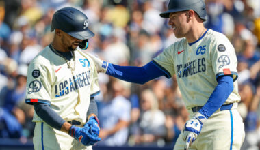 Los Angeles Dodgers All-Stars Freddie Freeman and Mookie Betts after a home run.