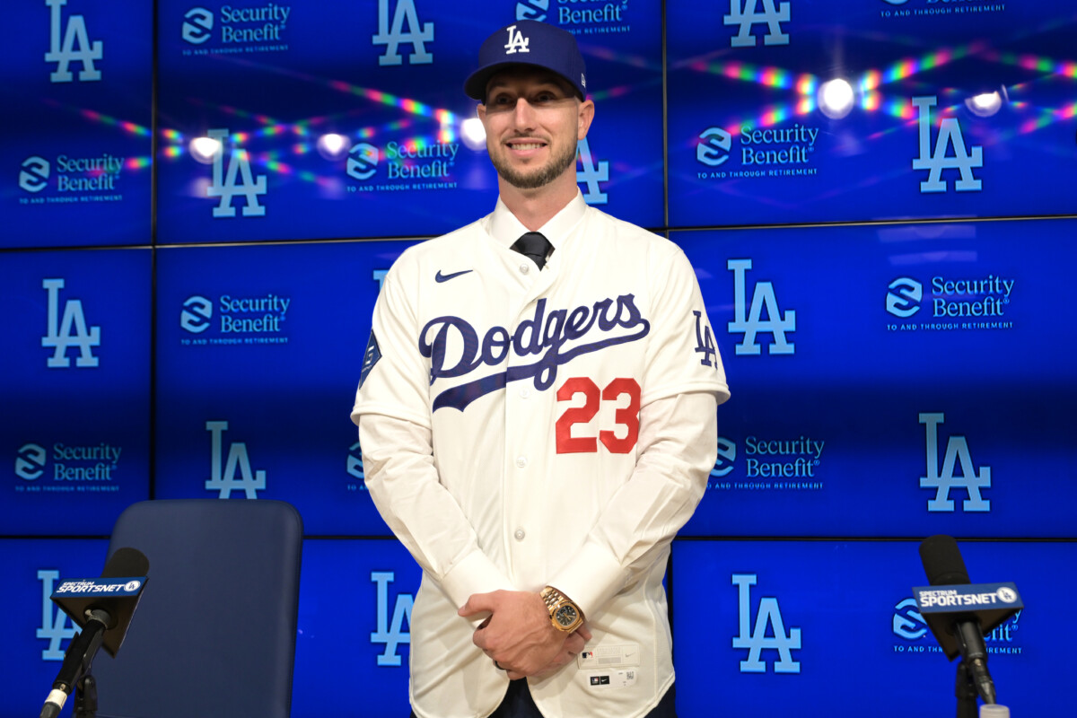 Los Angeles Dodgers outfielder Kyle Tucker at his introductory press conference.