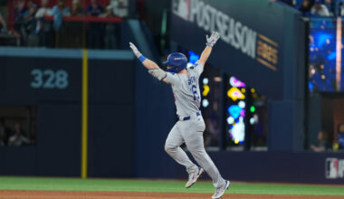 Los Angeles Dodgers catcher Will Smith rounding the bases during the 2025 World Series.