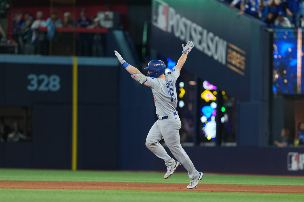 Los Angeles Dodgers catcher Will Smith rounding the bases during the 2025 World Series.