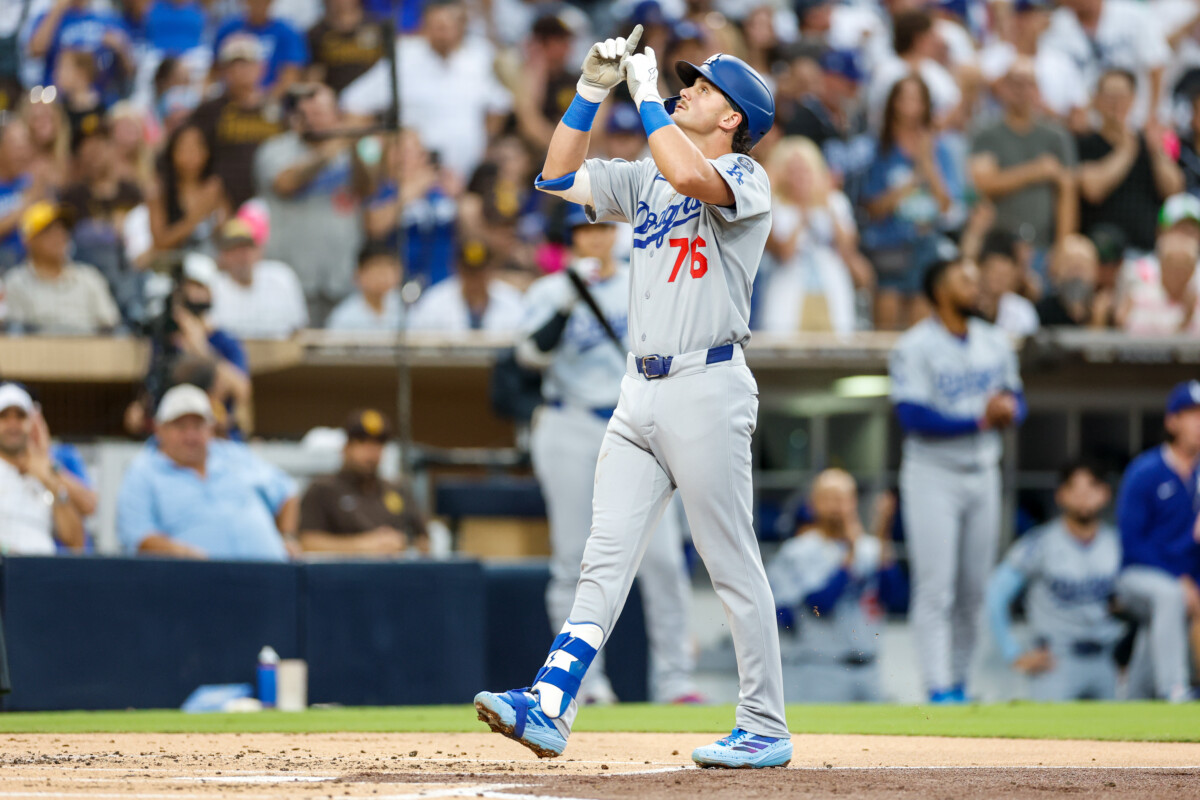 Los Angeles Dodgers infielder Alex Freeland celebrates a home run against the San Diego Padres.