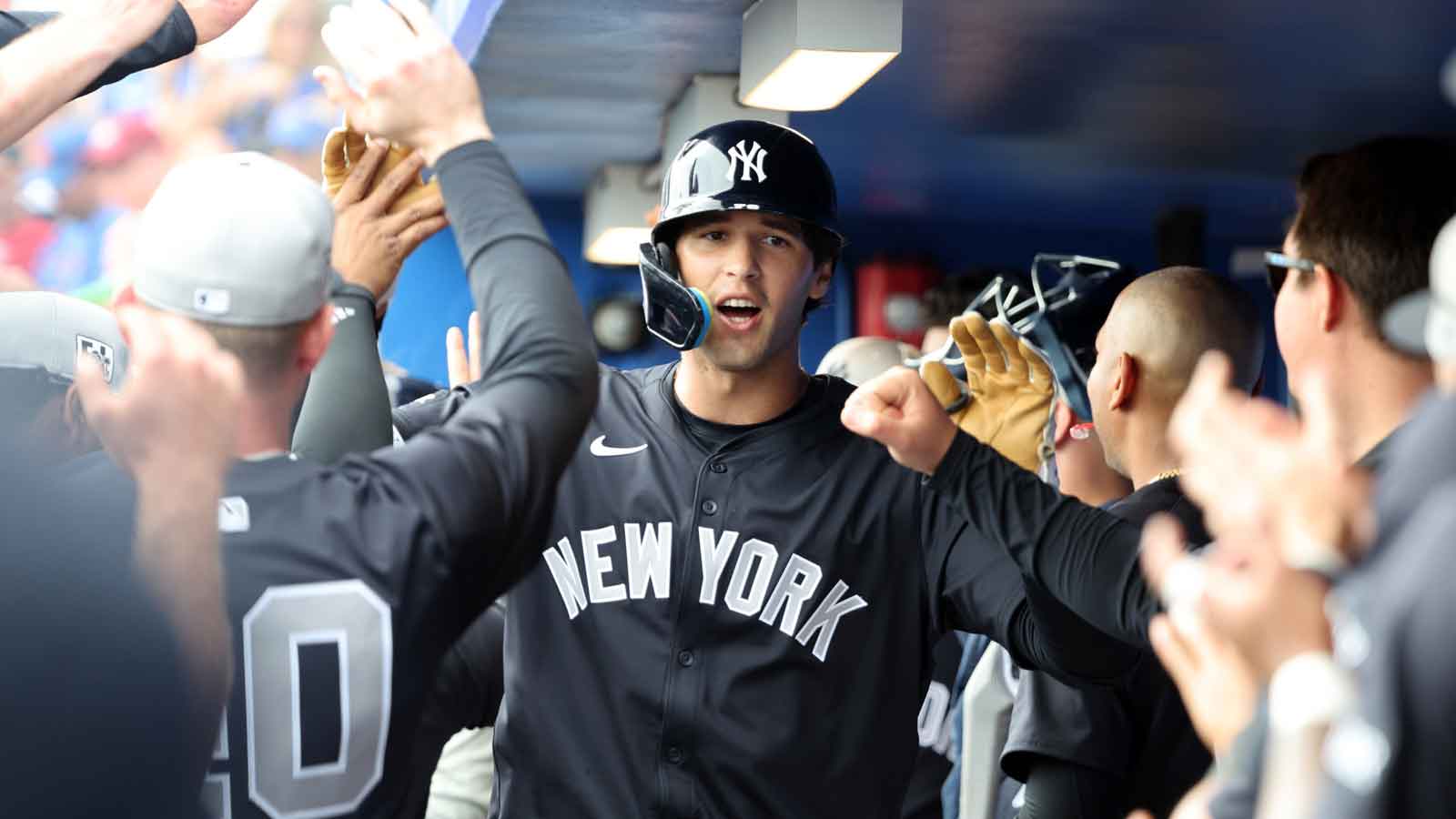  New York Yankees center fielder Spencer Jones (78) is congratulated after he hit a home run during the sixth inning against the Toronto Blue Jays at TD Ballpark. Mandatory Credit: Kim Klement Neitzel-Imagn Images