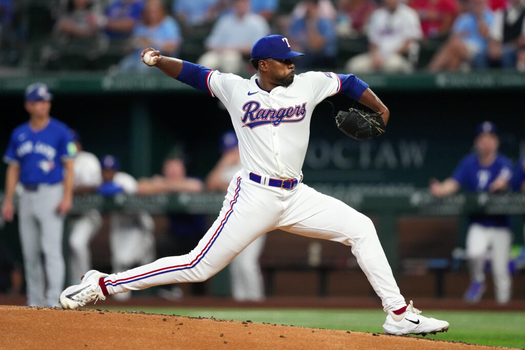 ARLINGTON, TEXAS - SEPTEMBER 19: Kumar Rocker #80 of the Texas Rangers pitches during the second inning against the Toronto Blue Jays at Globe Life Field on September 19, 2024 in Arlington, Texas. (Photo by Sam Hodde/Getty Images)