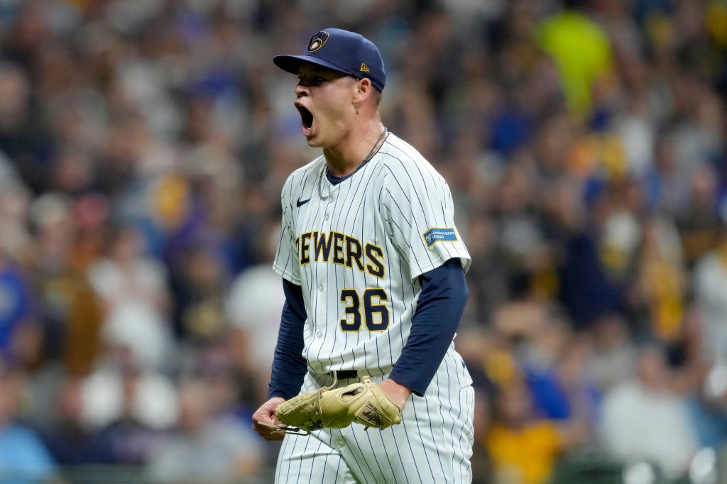 Tobias Myers #36 of the Milwaukee Brewers reacts in the fifth inning against the New York Mets during Game Three of the Wild Card Series at American Family Field on October 03, 2024 in Milwaukee, Wisconsin. 