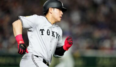 Kazuma Okamoto #25 of the Yomiuri Giants hits a two-run double in the fifth inning during the game between the Chicago Cubs and the Yomiuri Giants at Tokyo Dome on Sunday, March 16, 2025 in Tokyo, Japan. (Photo by Mary DeCicco/MLB Photos via Getty Images)