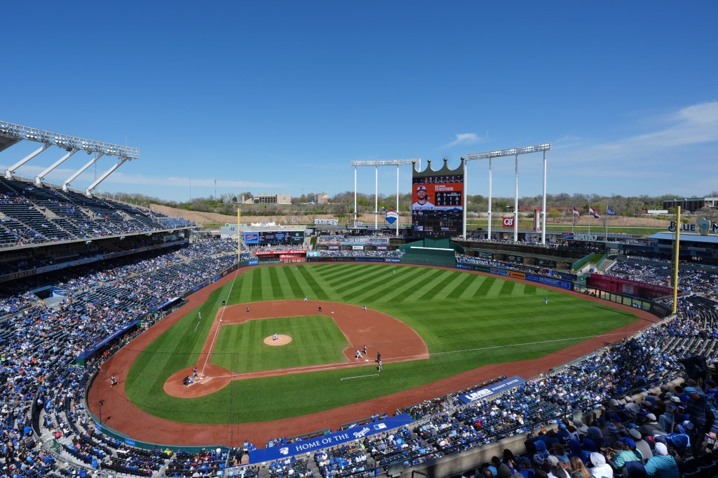 Clouds float above Kauffman Stadium during the sixth inning of a baseball game between the Kansas City Royals and the Washington Nationals, Wednesday, Aug. 13, 2025, in Kansas City, Mo. 