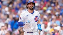 CHICAGO, ILLINOIS - JULY 20: Dansby Swanson #7 of the Chicago Cubs celebrates a run scored in a game against the Boston Red Sox at Wrigley Field on July 20, 2025 in Chicago, Illinois. (Photo by Matt Dirksen/Chicago Cubs/Getty Images)