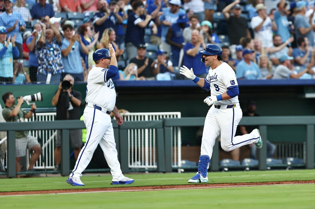 Vinnie Pasquantino #9 of the Kansas City Royals celebrates as he rounds the bases after hitting a home run during the game between the Washington Nationals and the Kansas City Royals at Kauffman Stadium on Tuesday, August 12, 2025 in Kansas City, Missouri.
