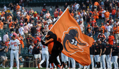 BALTIMORE, MD - SEPTEMBER 11: Members of the Baltimore Orioles celebrate a win after the game between the Pittsburgh Pirates and the Baltimore Orioles at Oriole Park at Camden Yards on Thursday, September 11, 2025 in Baltimore, Maryland.