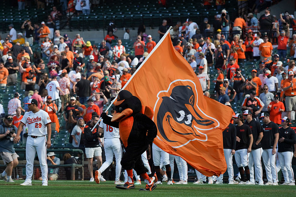 BALTIMORE, MD - SEPTEMBER 11: Members of the Baltimore Orioles celebrate a win after the game between the Pittsburgh Pirates and the Baltimore Orioles at Oriole Park at Camden Yards on Thursday, September 11, 2025 in Baltimore, Maryland.