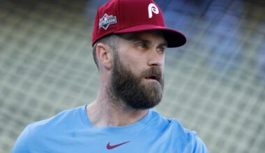 LOS ANGELES, CALIFORNIA - OCTOBER 08: Bryce Harper #3 of the Philadelphia Phillies looks on during batting practice prior to game three of the National League Division Series against the Los Angeles Dodgers of the National League Division Series at Dodger Stadium on October 08, 2025 in Los Angeles, California. (Photo by Harry How/Getty Images)