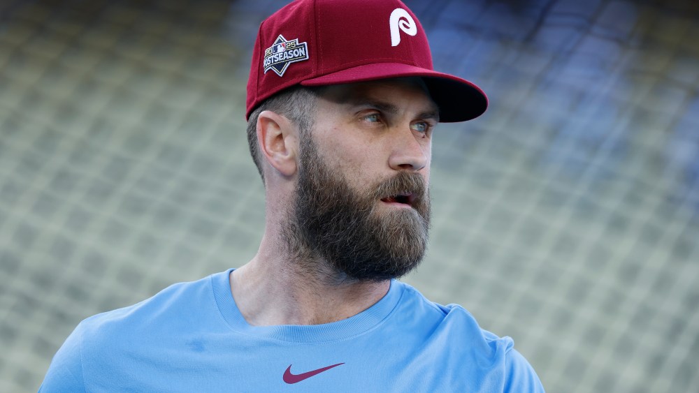 LOS ANGELES, CALIFORNIA - OCTOBER 08: Bryce Harper #3 of the Philadelphia Phillies looks on during batting practice prior to game three of the National League Division Series against the Los Angeles Dodgers of the National League Division Series at Dodger Stadium on October 08, 2025 in Los Angeles, California. (Photo by Harry How/Getty Images)