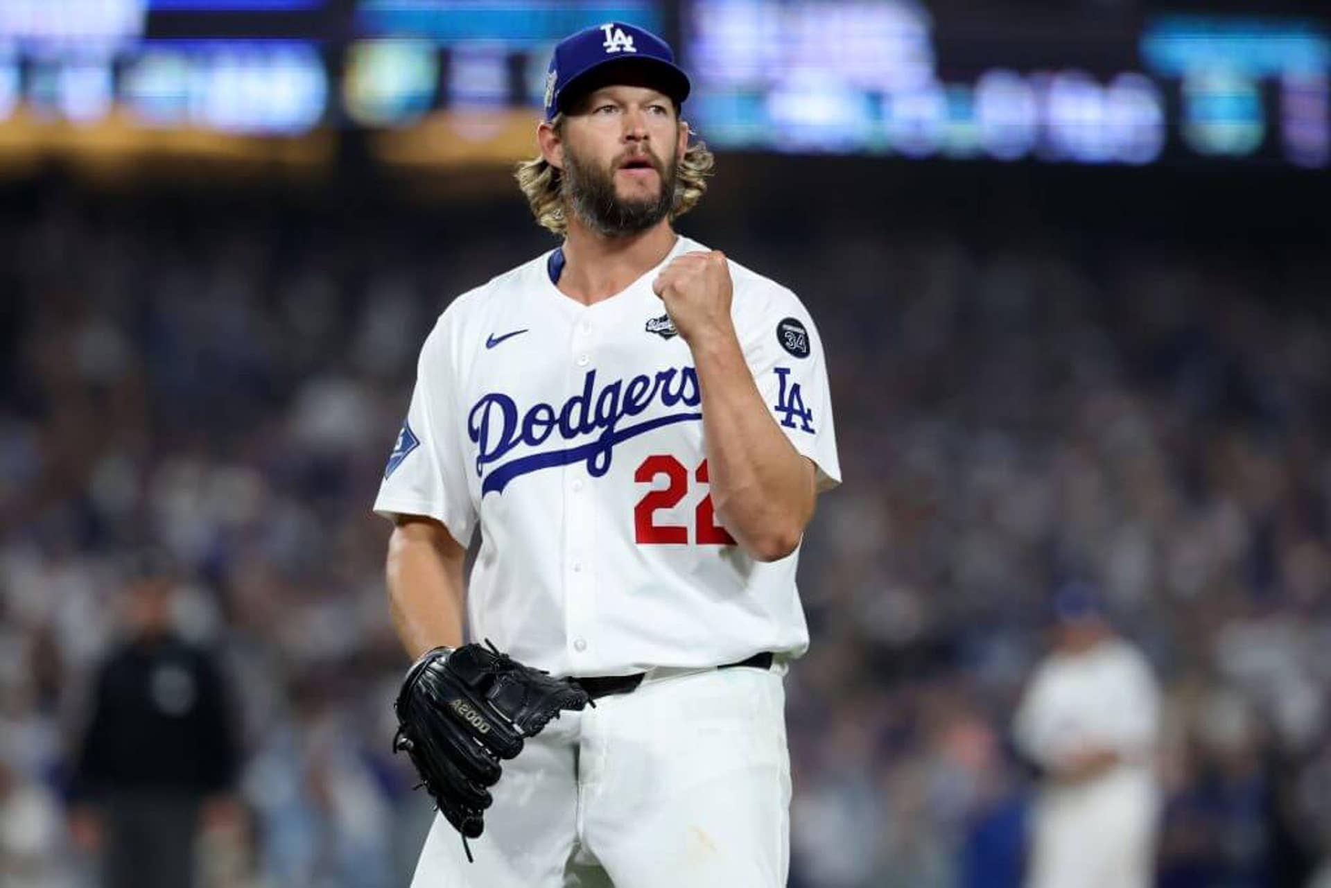 Dodgers pitcher Clayton Kershaw reacts during Game 3 of the World Series on Oct. 27, 2025, in Los Angeles.
