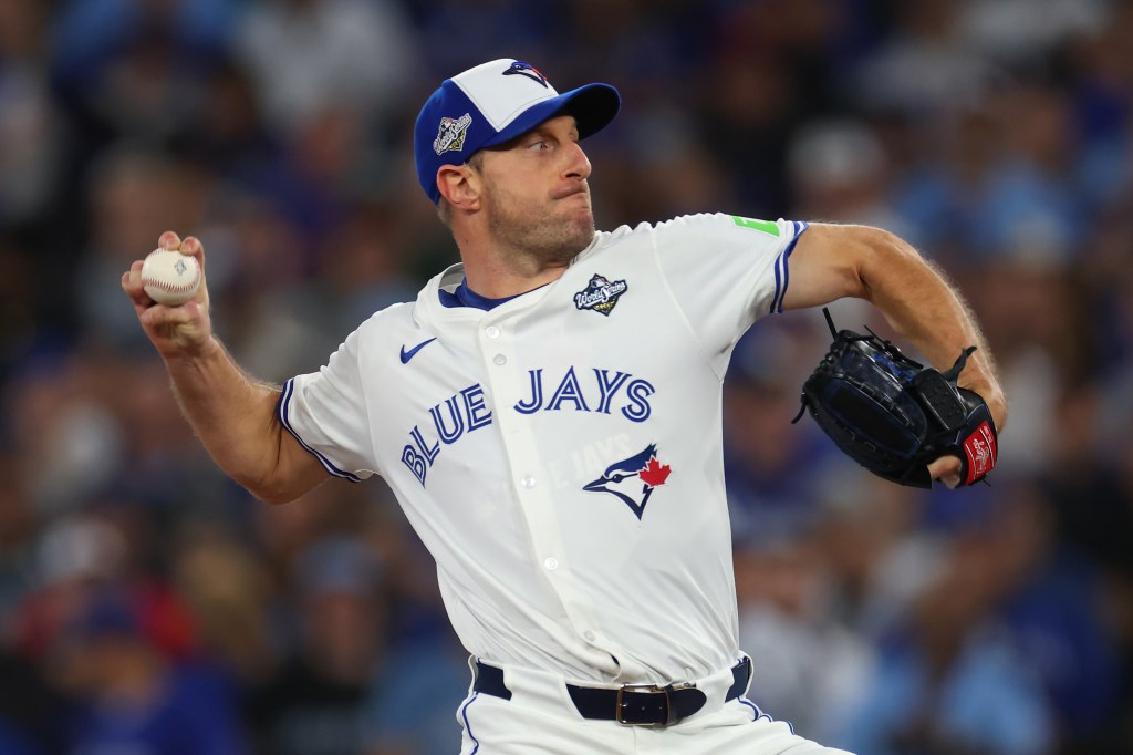 Max Scherzer #31 of the Toronto Blue Jays pitches against the Los Angeles Dodgers during the second inning in game seven of the 2025 World Series at Rogers Center on November 01, 2025 in Toronto, Ontario.