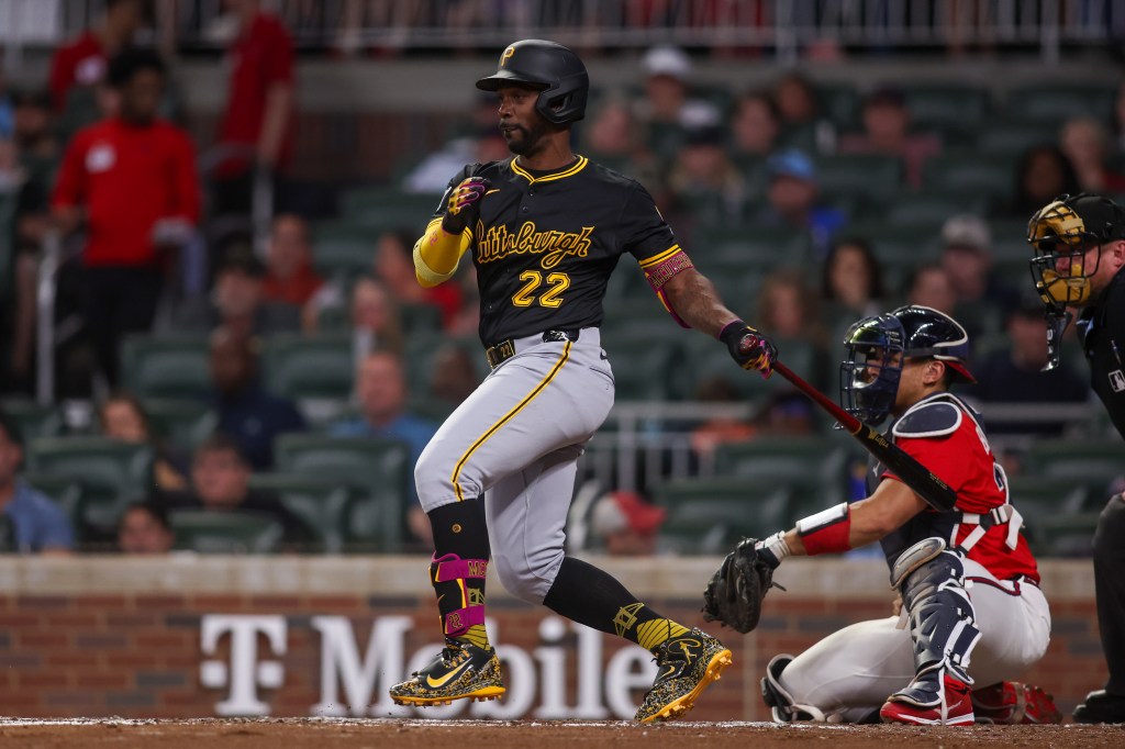 Andrew McCutchen bats against the Atlanta Braves in the third inning at Truist Park on September 26, 2025 in Atlanta, Georgia.