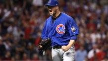 CLEVELAND, OH - NOVEMBER 02:  Jon Lester #34 of the Chicago Cubs reacts after retiring the side during the seventh inning against the Cleveland Indians in Game Seven of the 2016 World Series at Progressive Field on November 2, 2016 in Cleveland, Ohio.  (Photo by Ezra Shaw/Getty Images)