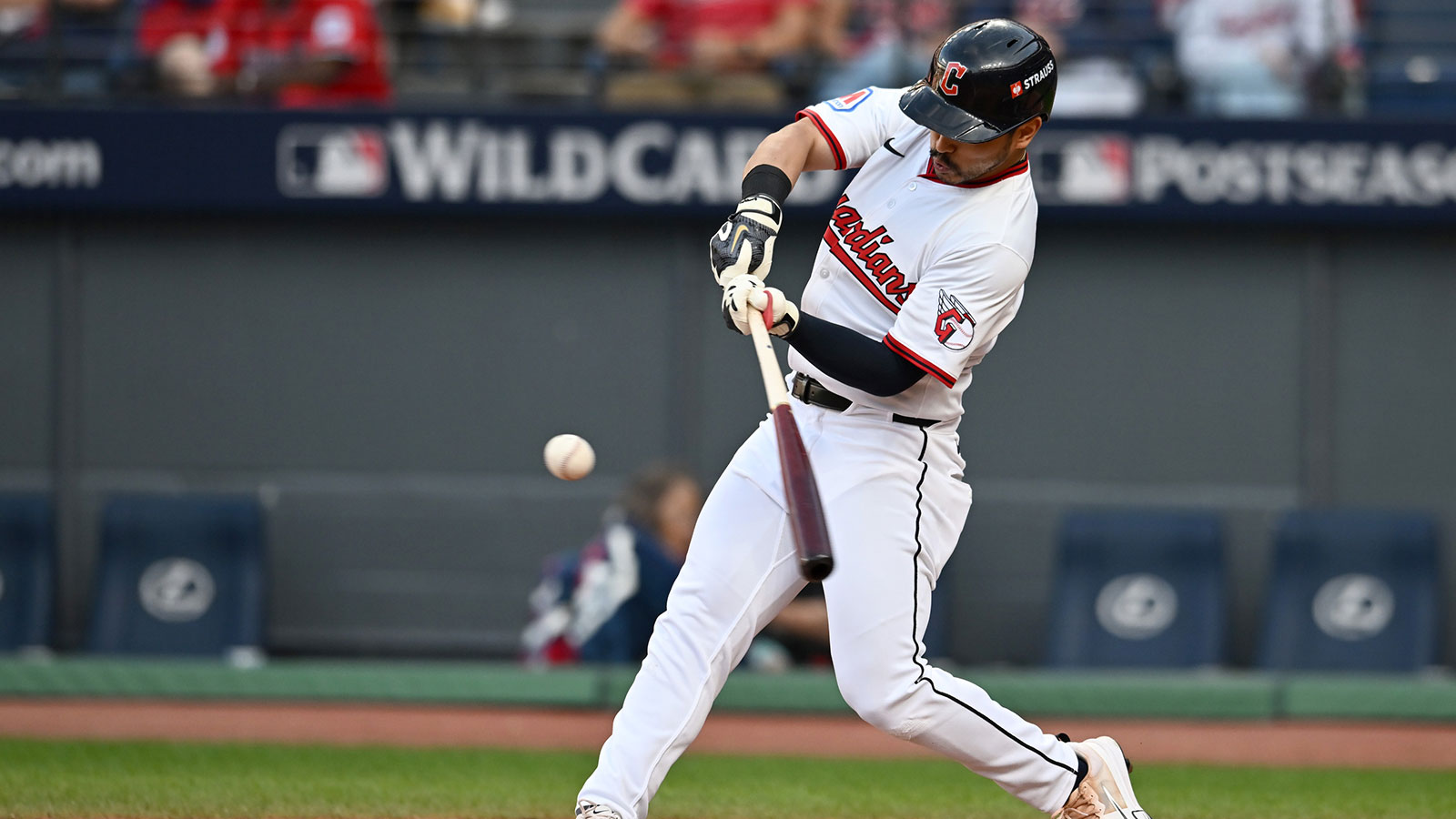 Cleveland Guardians outfielder Steven Kwan (38) hits a double in the eighth inning against the Detroit Tigers during game three of the Wildcard round for the 2025 MLB playoffs at Progressive Field.