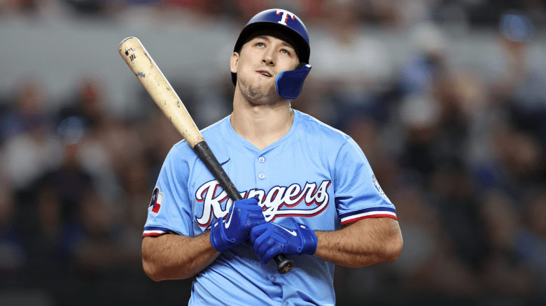 Texas Rangers outfielder Wyatt Langford at Globe Life Field as the organization weighs whether to delay a long-term contract extension despite his rapid rise.