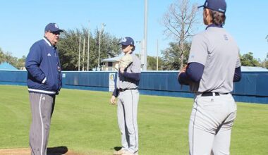 St. Johns River State College head coach Ross Jones talks with pitchers Connor Hill (center) and Aiden Neff during practice last week. (MARK BLUMENTHAL / Palatka Daily News)
