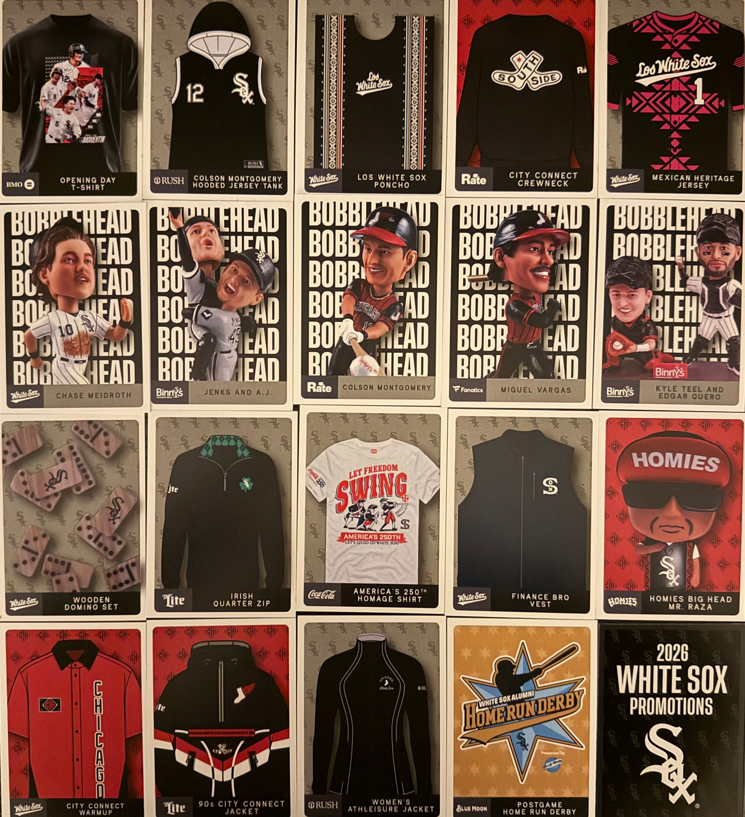 An image featuring all White Sox giveaways for 2025 including t-shirts, bobbleheads, jackets, and more.
