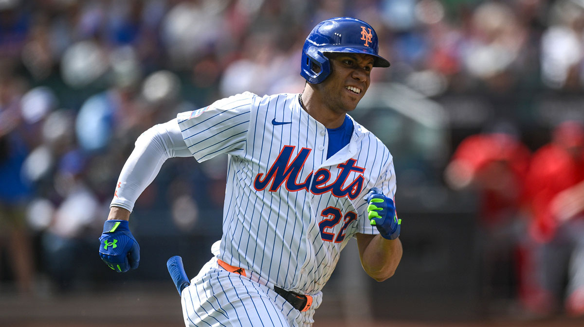 New York Mets outfielder Juan Soto (22) rounds the bases after hitting a double against the Washington Nationals during the third inning at Citi Field. Mandatory Credit: John Jones-Imagn Images