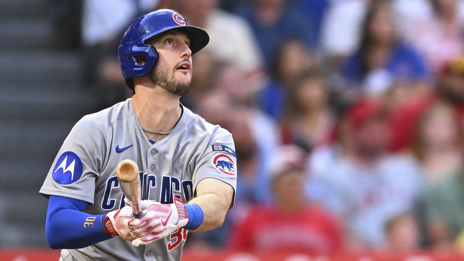  Chicago Cubs outfielder Kyle Tucker (30) hits a two-run home run against the Los Angeles Angels during the third inning at Angel Stadium. 