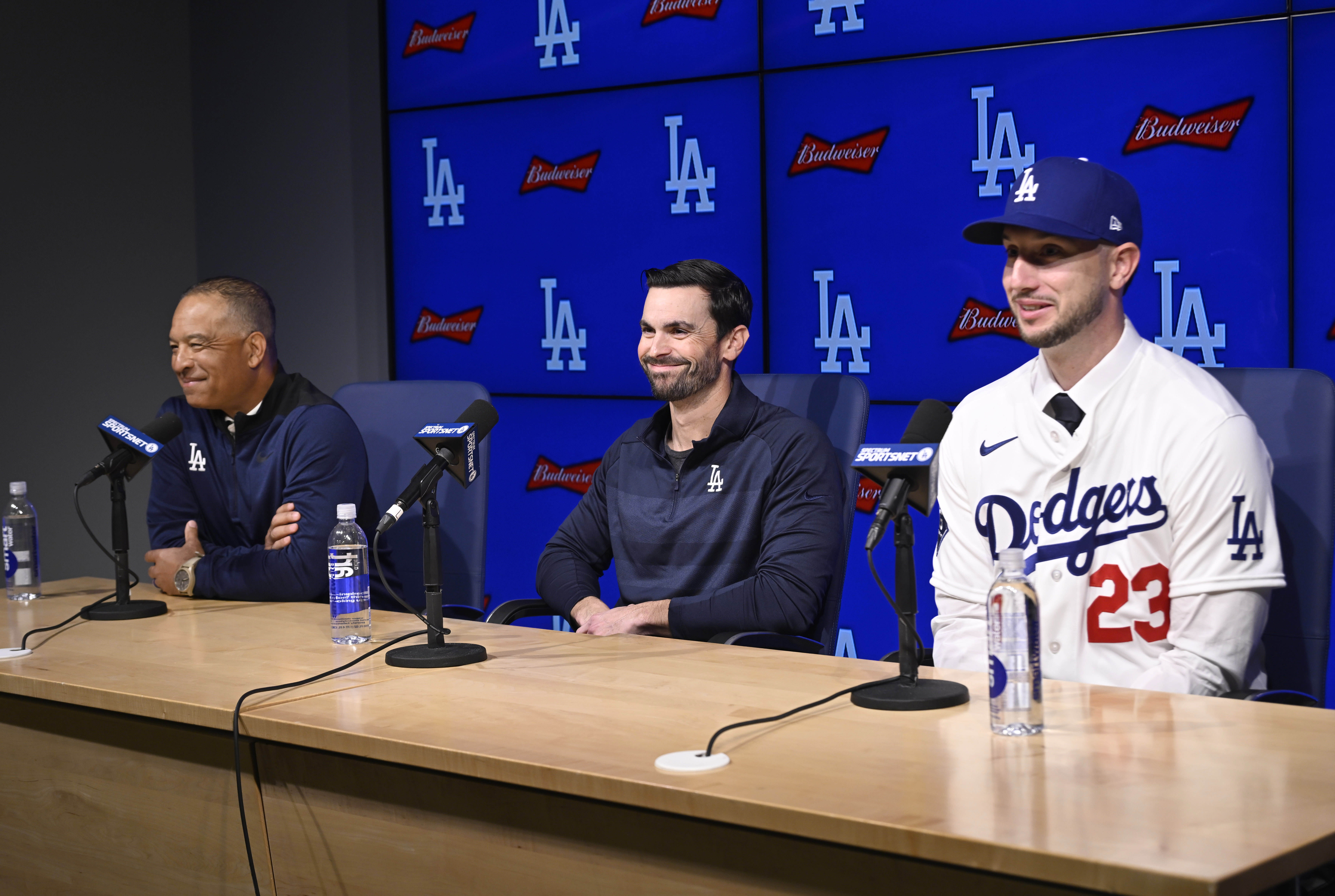 New Dodgers outfielder Kyle Tucker takes questions from reporters as...