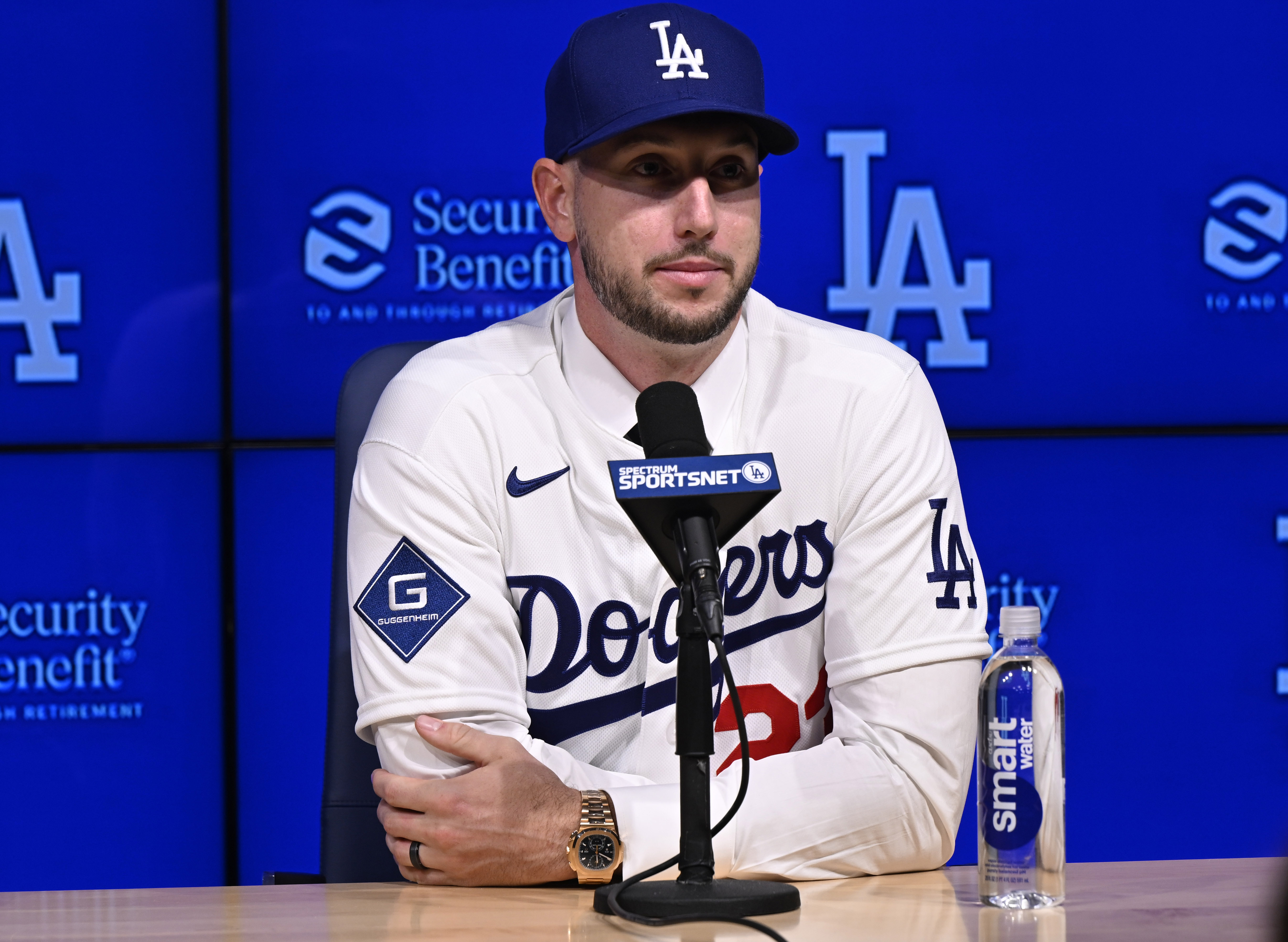 Newly signed Dodgers outfielder Kyle Tucker speaks to the media...