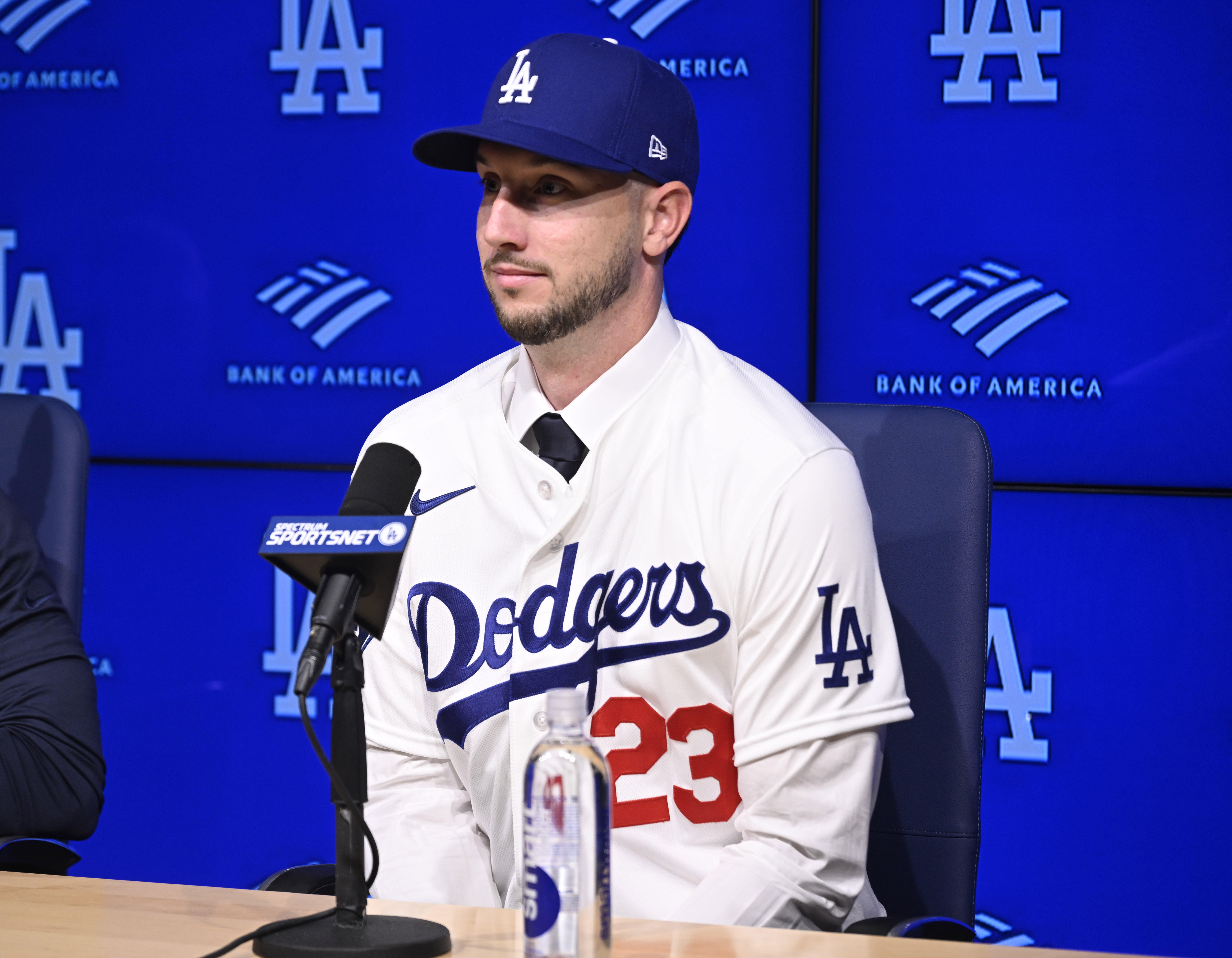 Newly signed Dodgers outfielder Kyle Tucker speaks to the media...