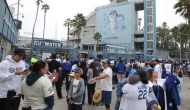 Los Angeles Dodgers fans entering the stadium for the World Series celebration in 2025.