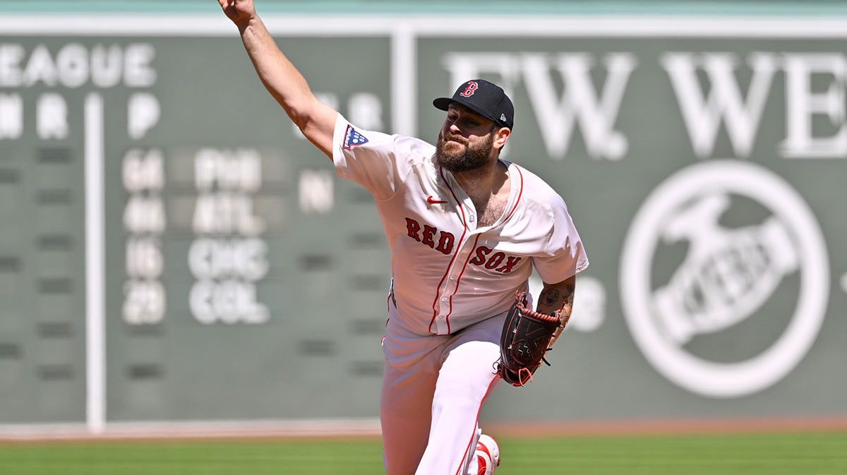 Boston Red Sox starting pitcher Lucas Giolito (54) pitches against the Pittsburgh Pirates during the first inning at Fenway Park.