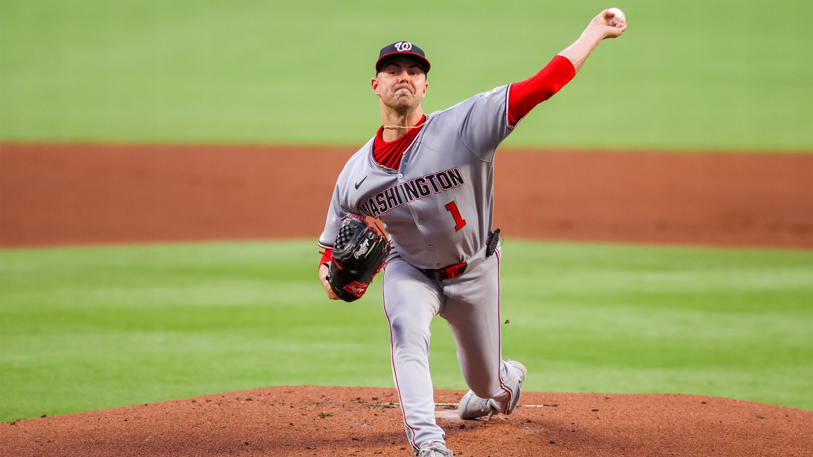 Washington Nationals starting pitcher MacKenzie Gore (1) throws against the Atlanta Braves in the first inning at Truist Park. 