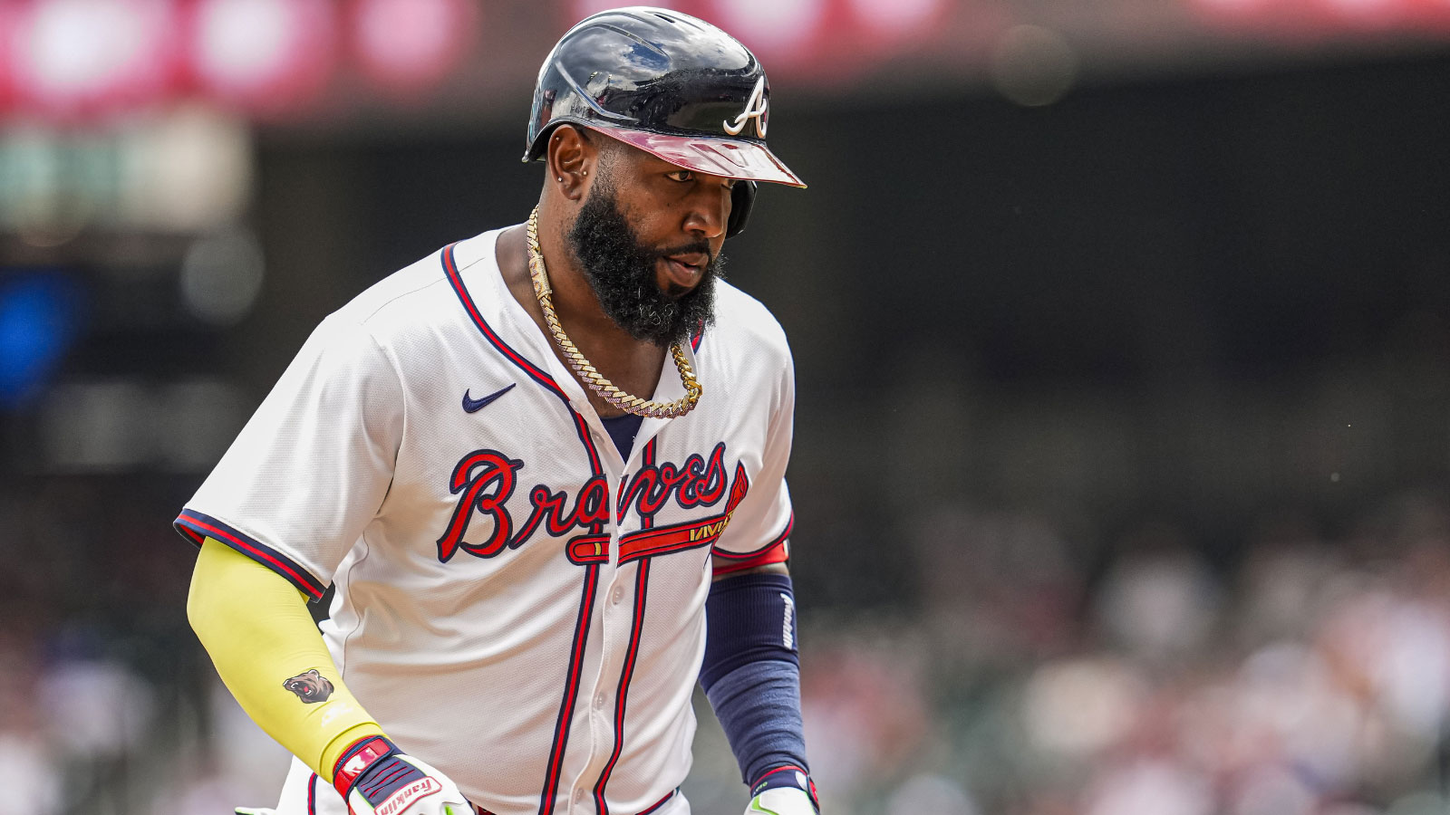 Atlanta Braves designated hitter Marcell Ozuna (20) reacts after hitting a home run against the Washington Nationals during the eighth inning at Truist Park