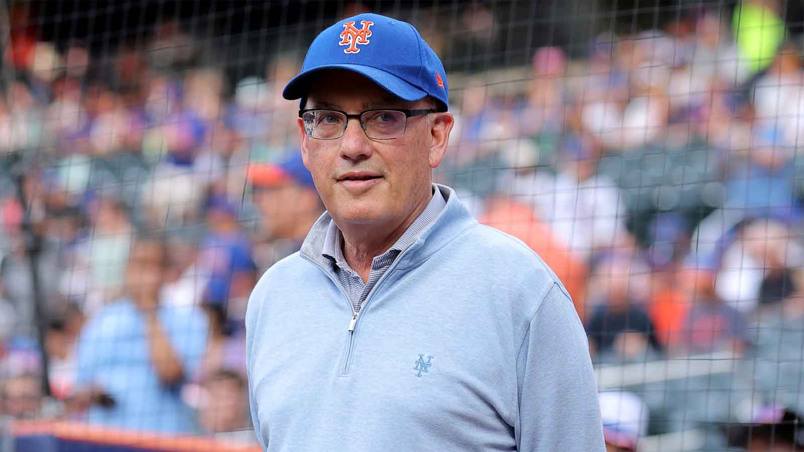 New York Mets owner Steve Cohen stands on the field before a ceremony to honor first baseman Pete Alonso (not pictured) for breaking the Mets all time home run record before a game against the Atlanta Braves at Citi Field.