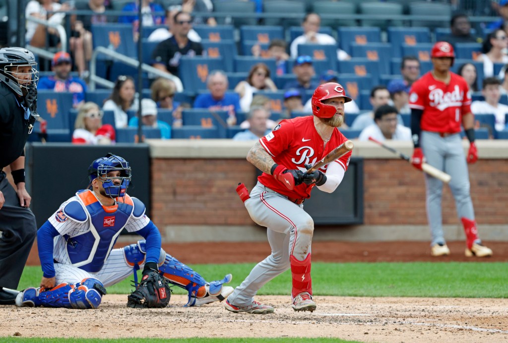 Cincinnati Reds outfielder Gavin Lux grounds out in the sixth inning at Cit Field for David Wright Day at Citi Field in Queens, New York, USA, Saturday, July 19, 2025.