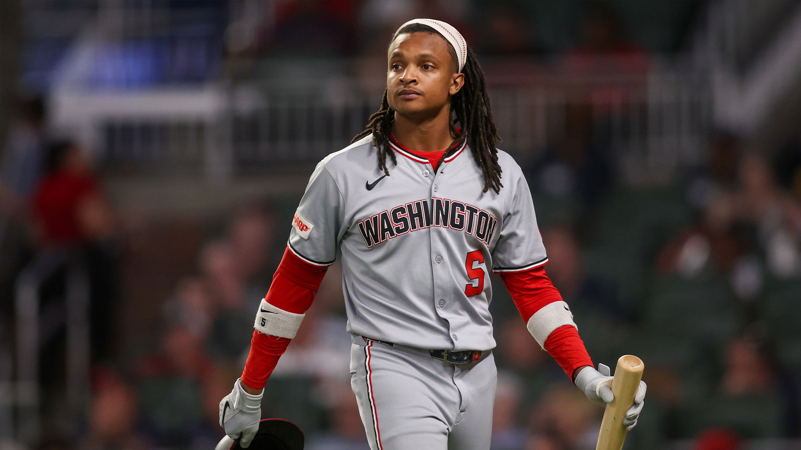 Washington Nationals designated hitter CJ Abrams (5) reacts after a strikeout against the Atlanta Braves in the fifth inning at Truist Park.