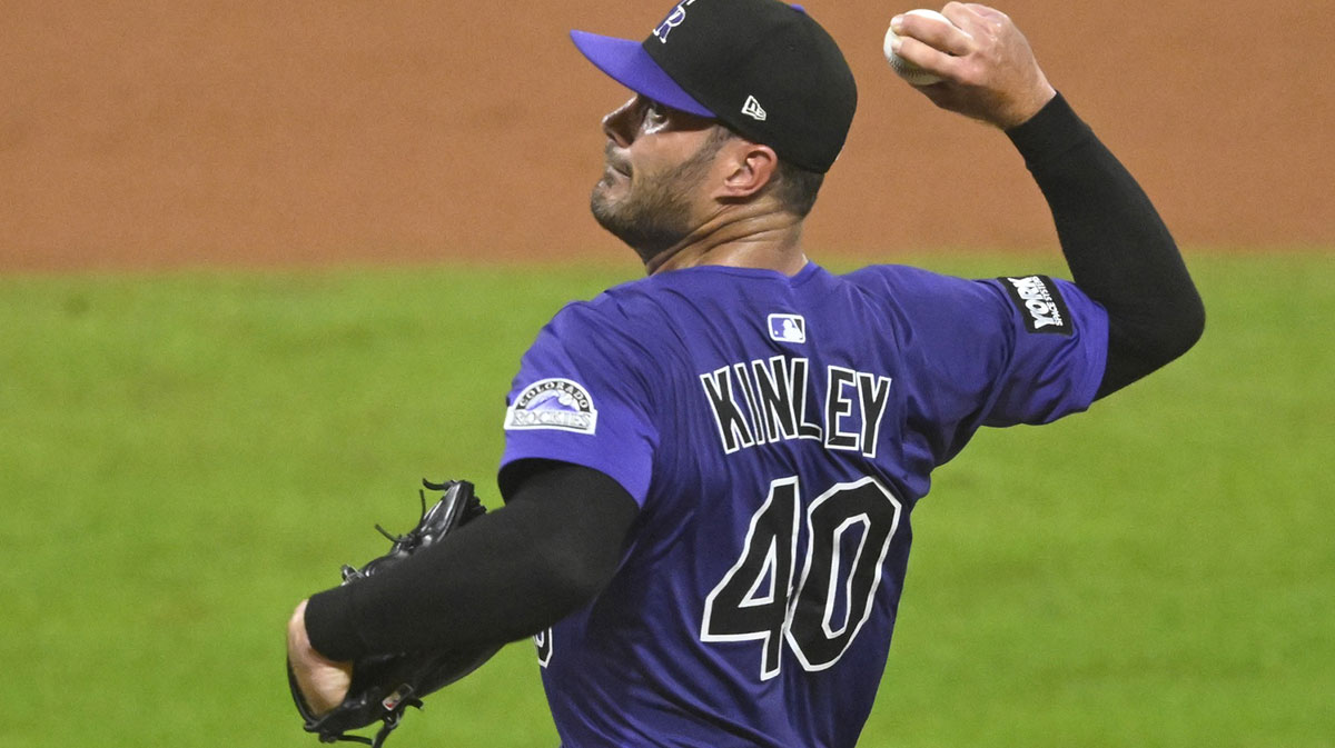 Colorado Rockies relief pitcher Tyler Kinley (40) delivers a pitch in the eighth inning against the Cleveland Guardians at Progressive Field.